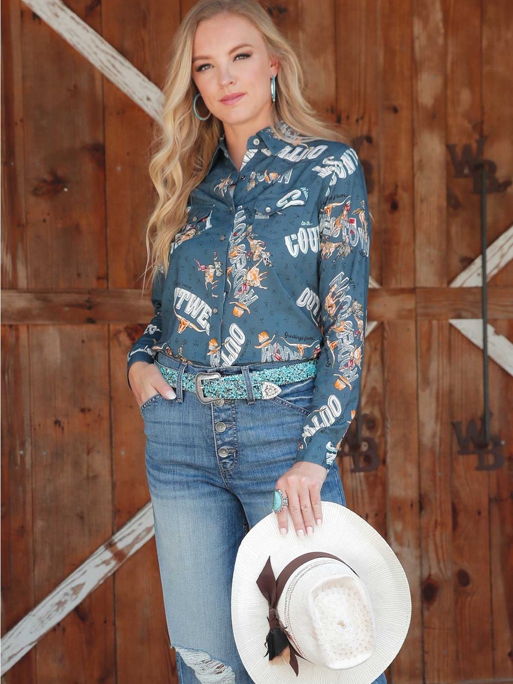 Cruel Denim Womens Blue Printed Button-Up Western Shirt